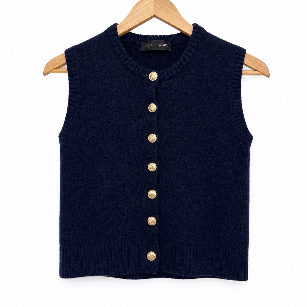Zara 100% Wool Navy Gold Button Knit Sweater Vest Size Medium